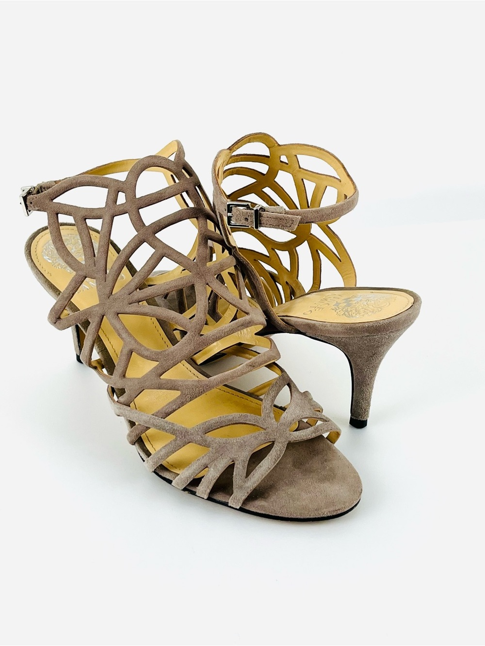 Vince Camuto "Pelena" Caged Heeled Suede Leather Slingback Sandals Taupe Size 8